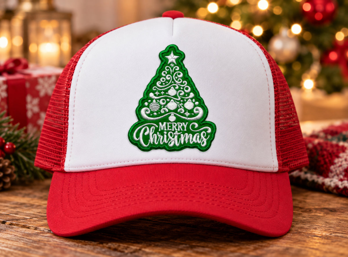 Christmas tree embroidered patch on a trucker hat