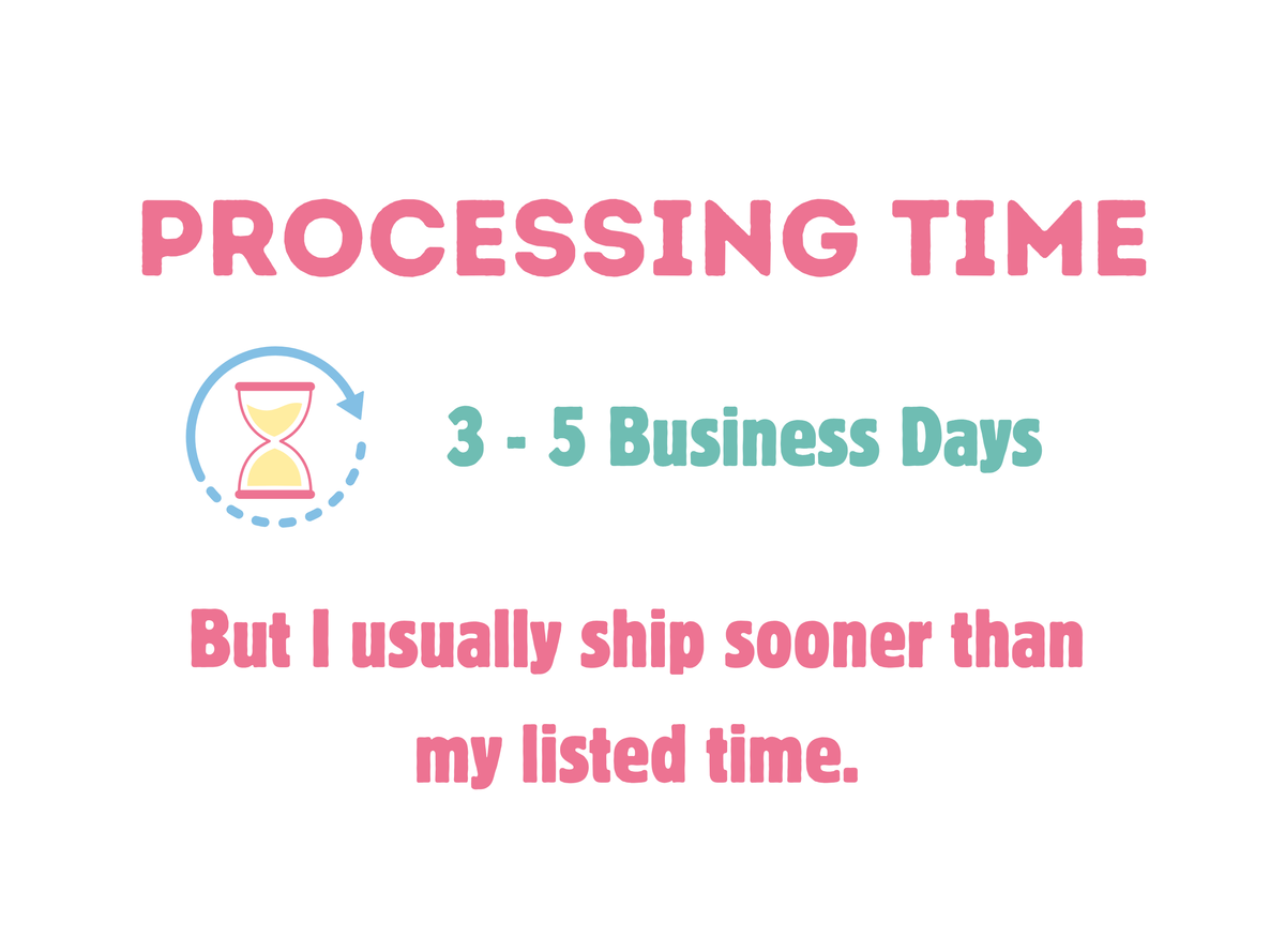 Processing time graphic for Shirts Patches and More showing a 3 to 5 business day window with a sand hourglass icon and a note stating that orders usually ship sooner than the listed time.