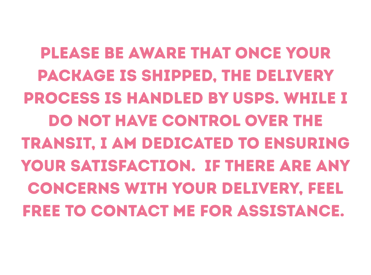 Shipping policy notice for Shirts Patches and More stating that once packages are shipped, the delivery process is handled by USPS and customers should contact the shop for assistance with any transit concerns.