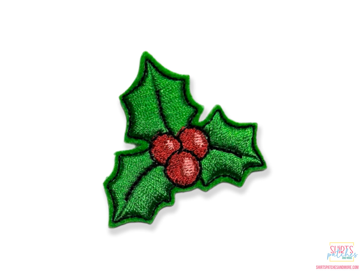 Embroidered holly patch with green leaves and red berries - Christmas iron-on applique