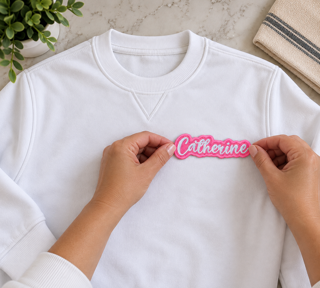 Photo of applying a patch on the left chest area of a sweatshirt.