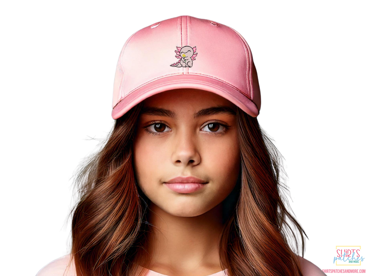 Pink hat with kawaii axolotl holding flower patch applied, worn by a young girl with long brown hair.