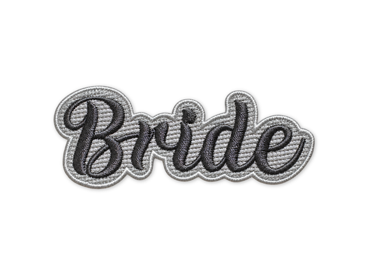 Fully embroidered Bride patch in elegant script lettering - custom wedding iron-on applique
