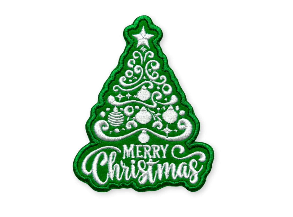 Merry Christmas tree embroidered patch stitched in green and white with ornaments and a star on top - Christmas iron-on applique