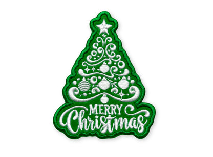 Merry Christmas tree embroidered patch stitched in green and white with ornaments and a star on top - Christmas iron-on applique