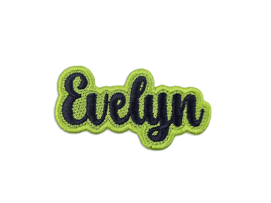 Embroidered custom name patch featuring 'Evelyn' in black script thread on a lime green background | Shirts Patches And More.