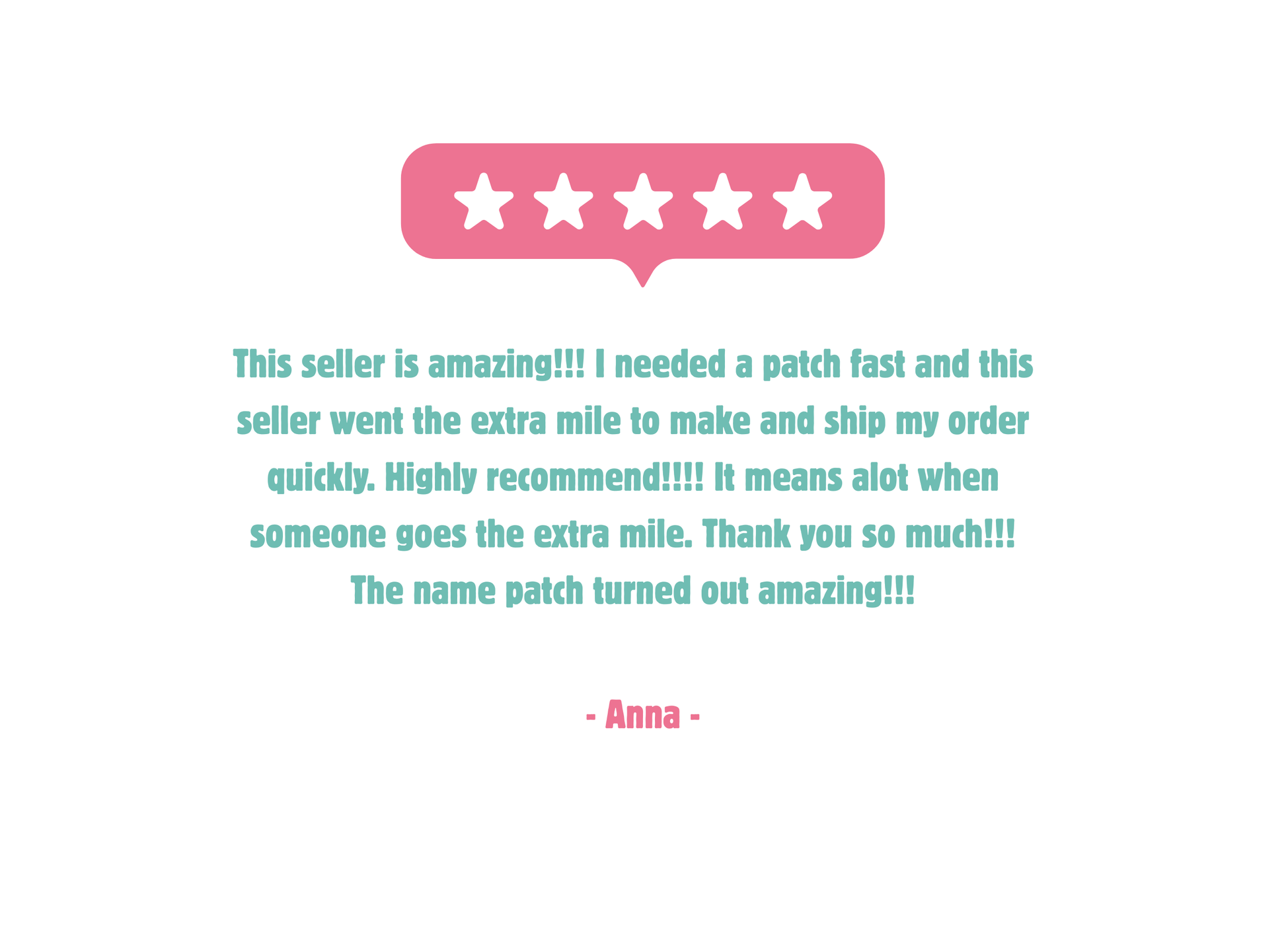 Five-star customer review graphic highlighting fast shipping and excellent quality of personalized embroidered name patches.