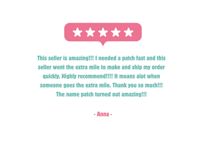 Five-star customer review graphic highlighting fast shipping and excellent quality of personalized embroidered name patches.