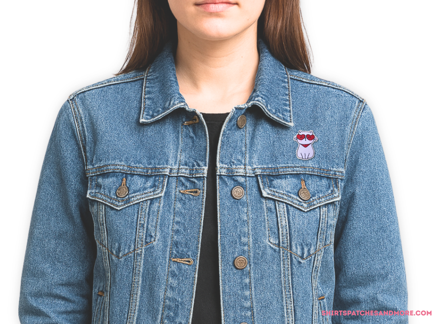 Blue denim jacket featuring the Cool Cat embroidered patch with heart sunglasses on