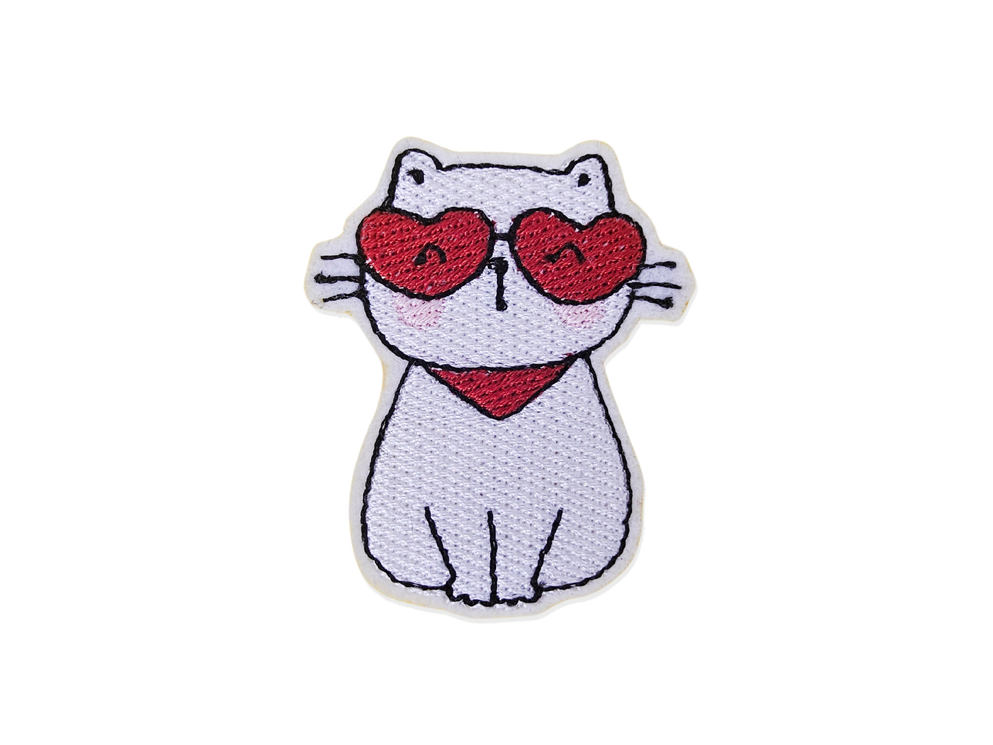Cute sitting cat patch with heart glasses and red bandana - Kawaii embroidered design