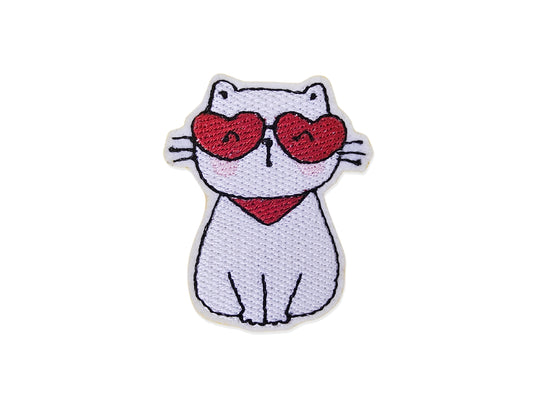 Cute sitting cat patch with heart glasses and red bandana - Kawaii embroidered design