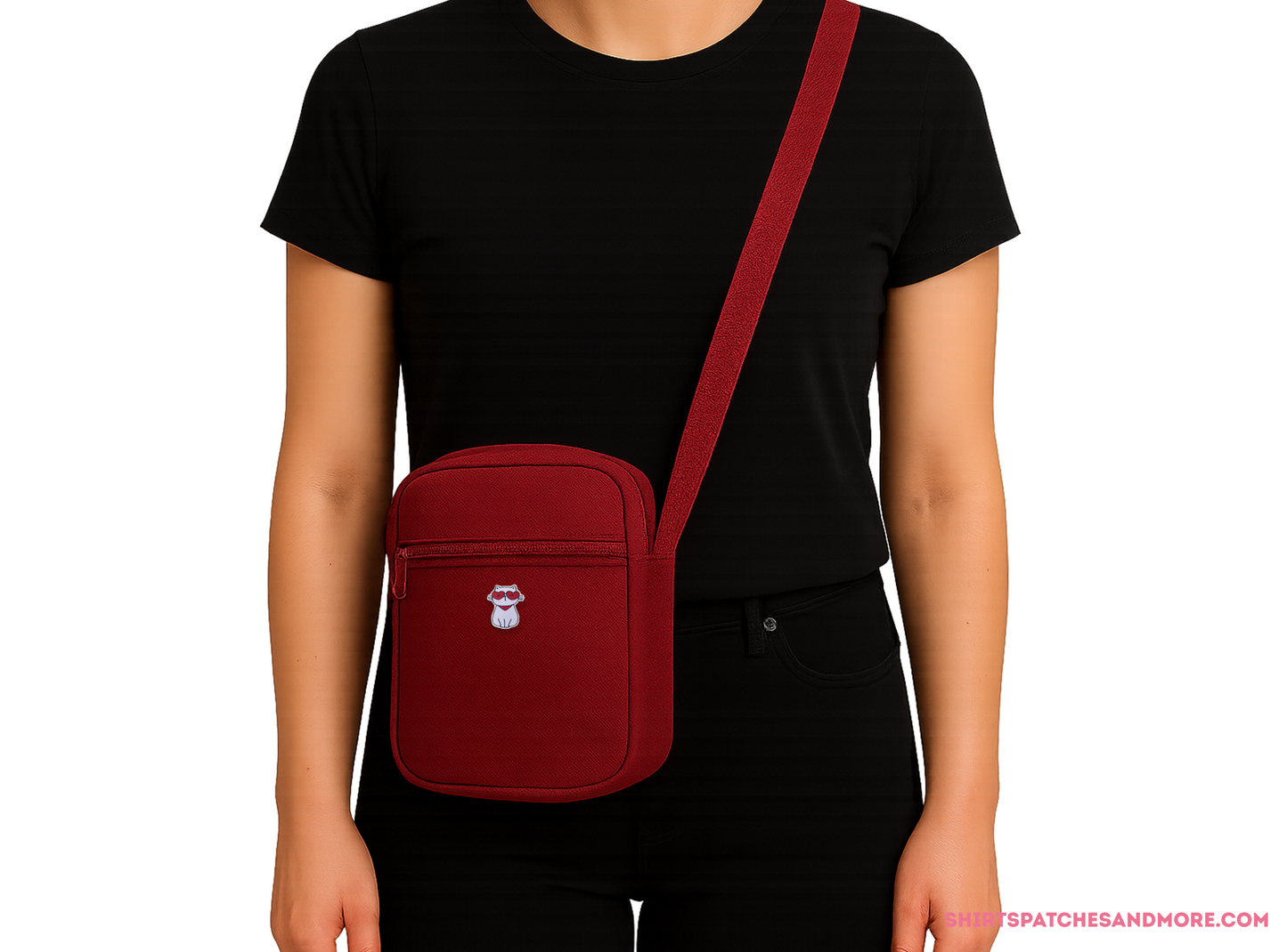 Red crossbody bag featuring the Cool Cat embroidered patch with heart sunglasses o