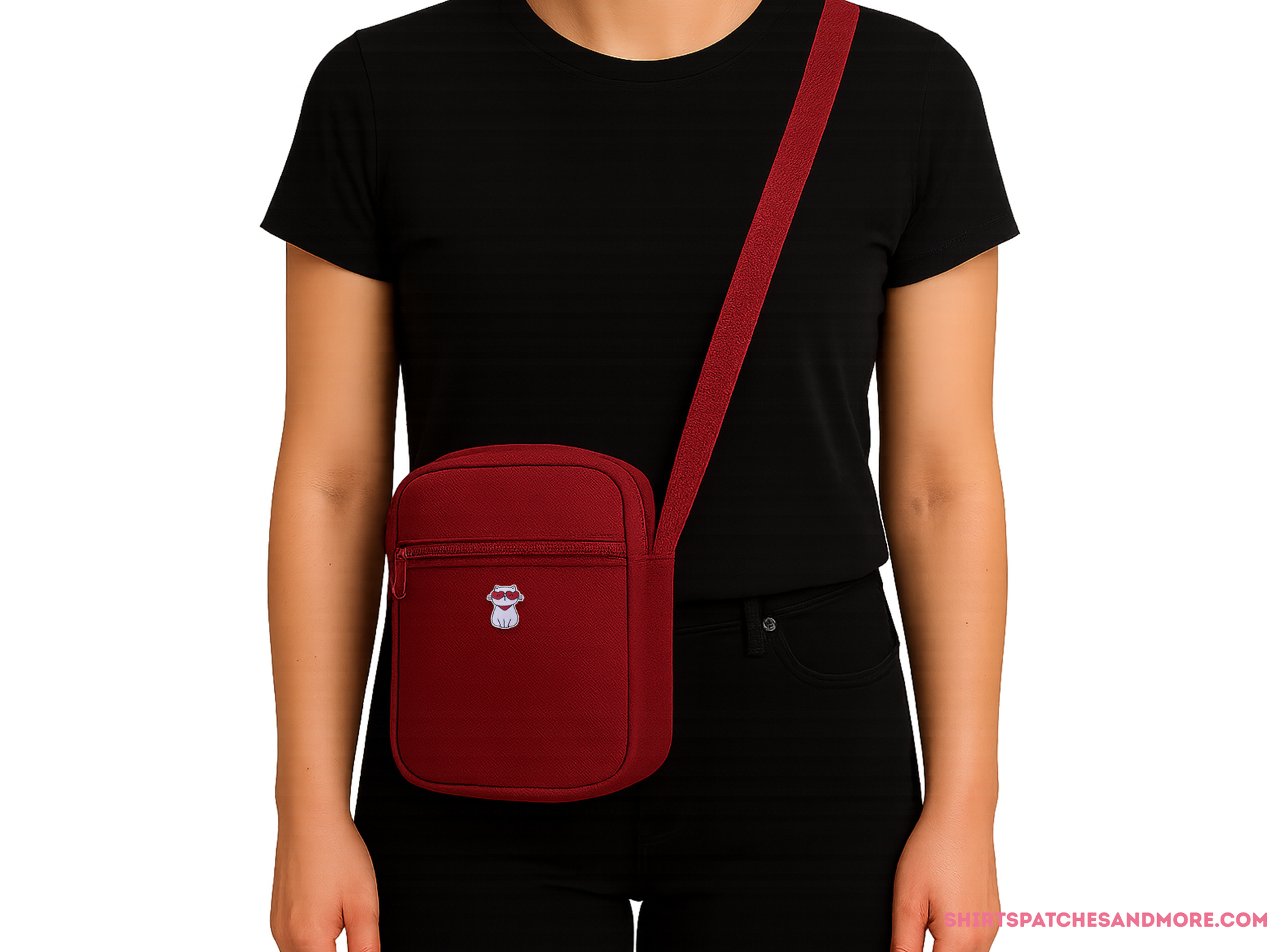 Red crossbody bag featuring the Cool Cat embroidered patch with heart sunglasses o