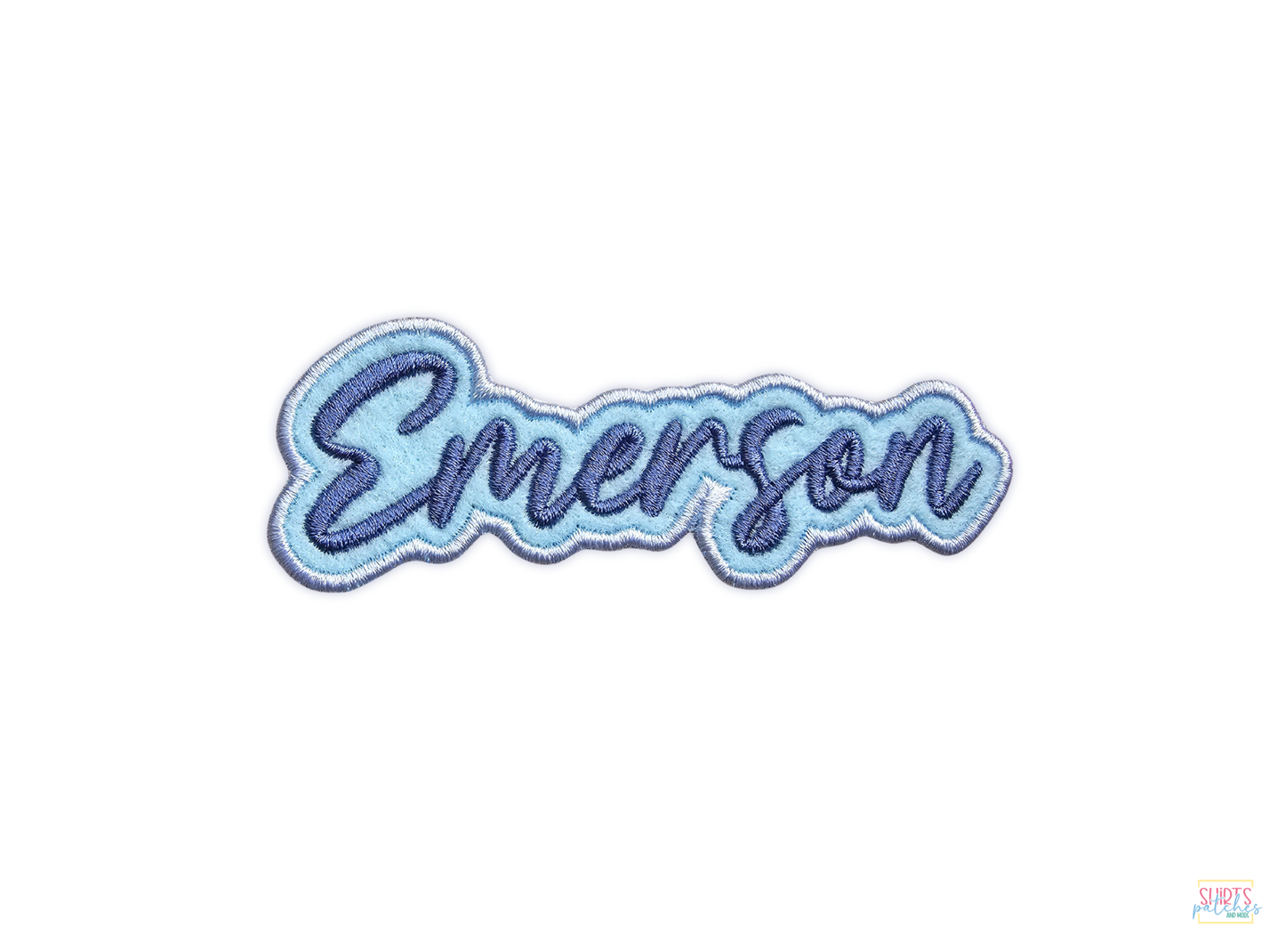 Emerson custom name patch with a blue and white script font and a thick embroidered border on a white background.