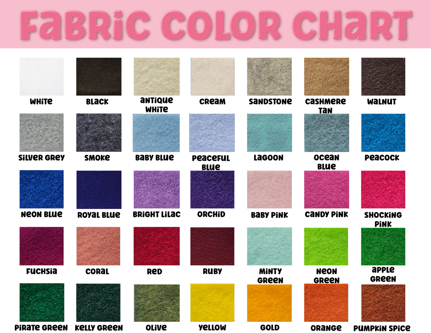 Fabric color chart with various color swatches and names.