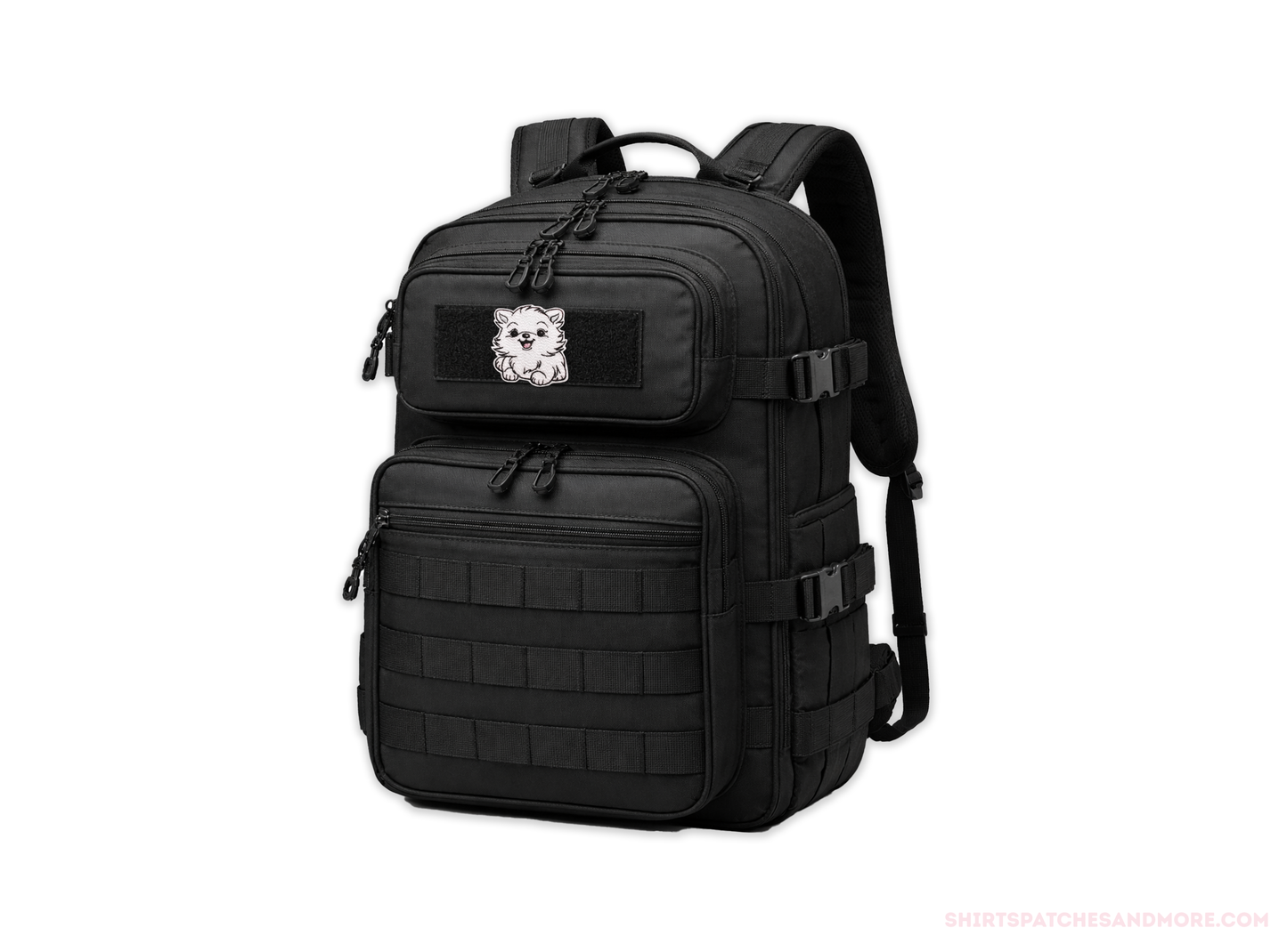 Black tactical backpack with a small patch of a White Pomeranian dog on a white background