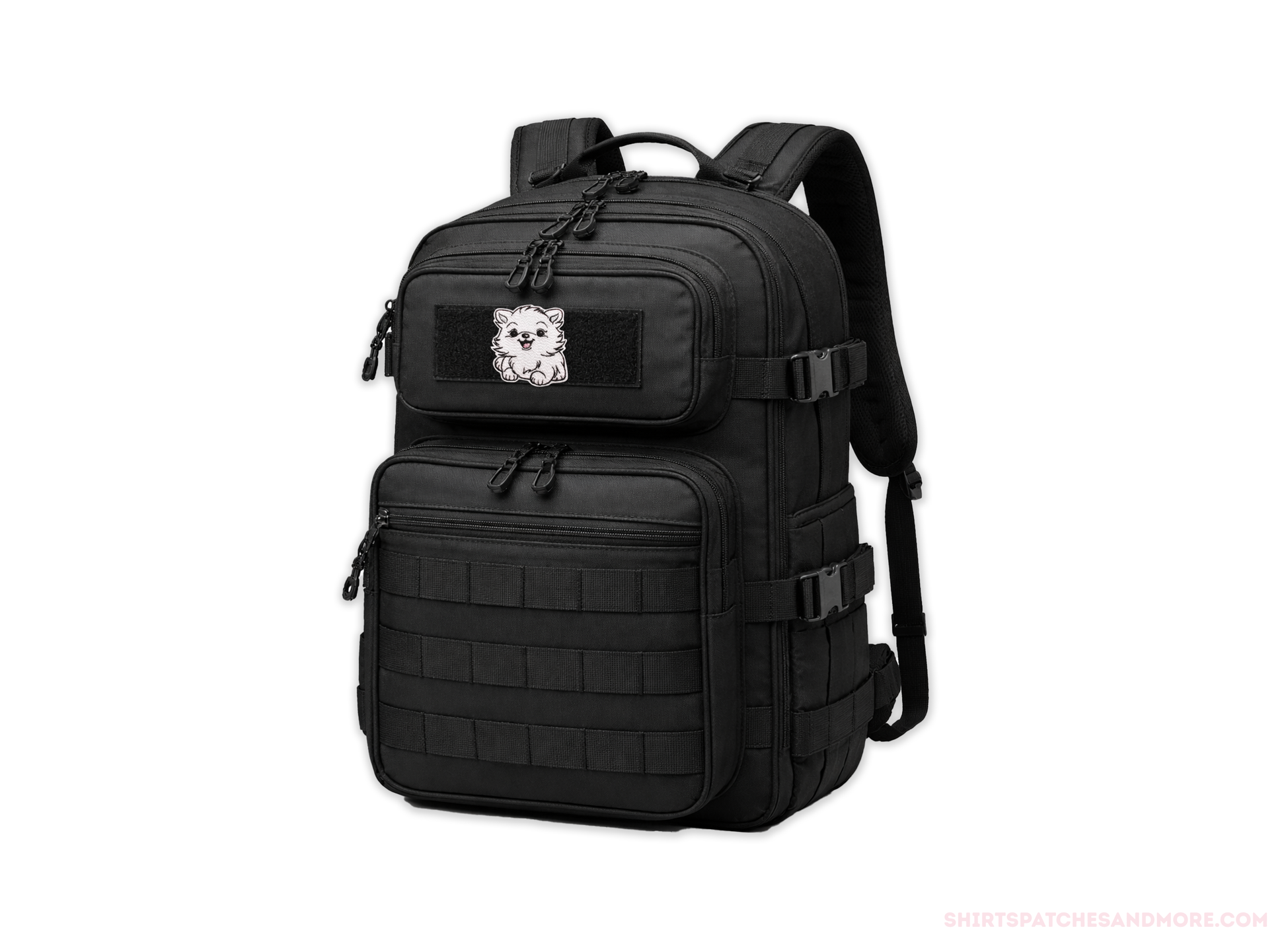 Black tactical backpack with a small patch of a White Pomeranian dog on a white background