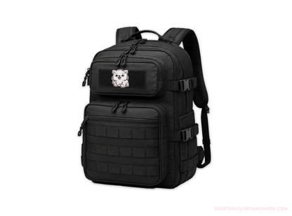Black tactical backpack with a small patch of a White Pomeranian dog on a white background