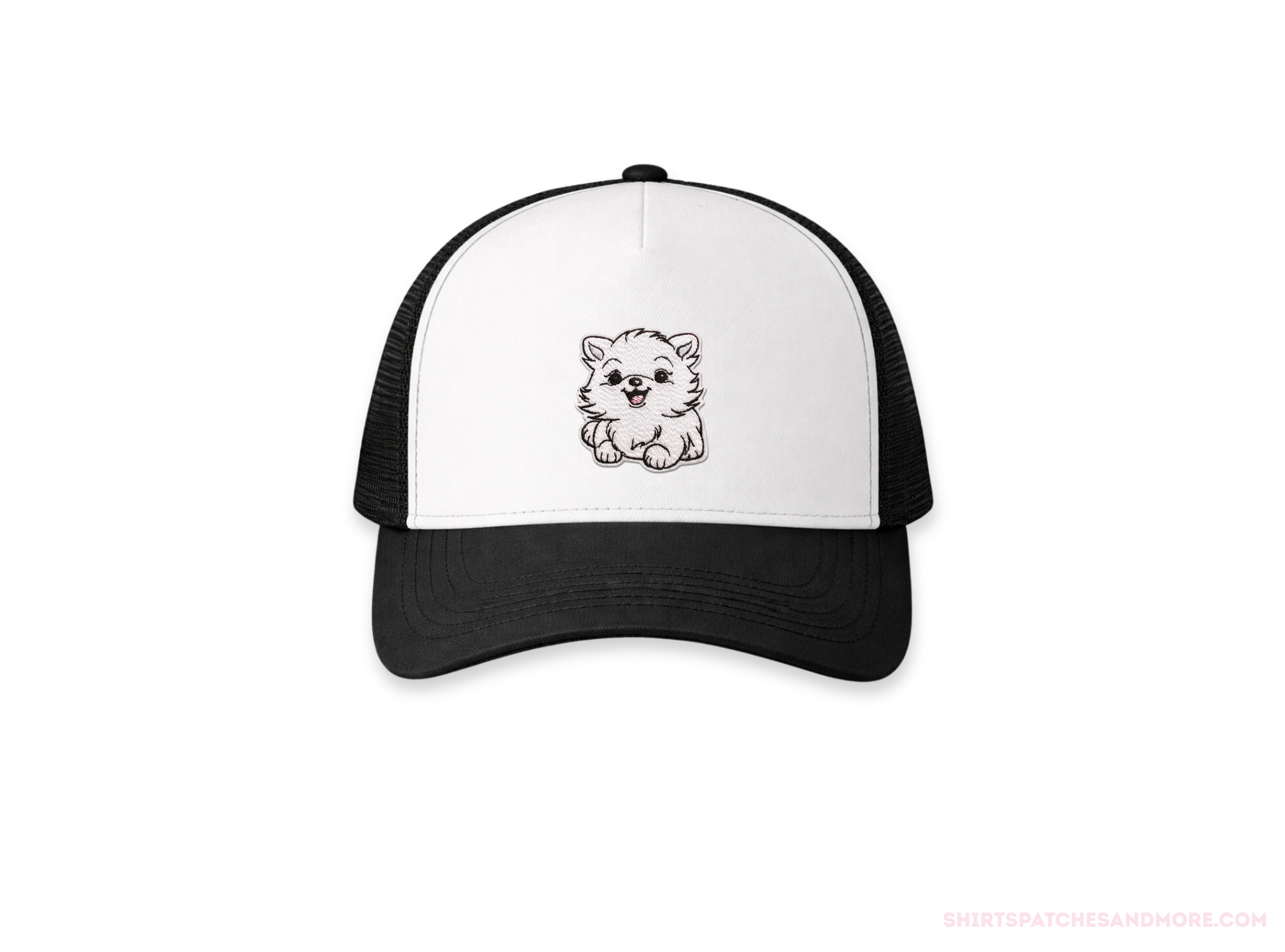 Black and white cap with a  small patch of a White Pomeranian dog on a white background