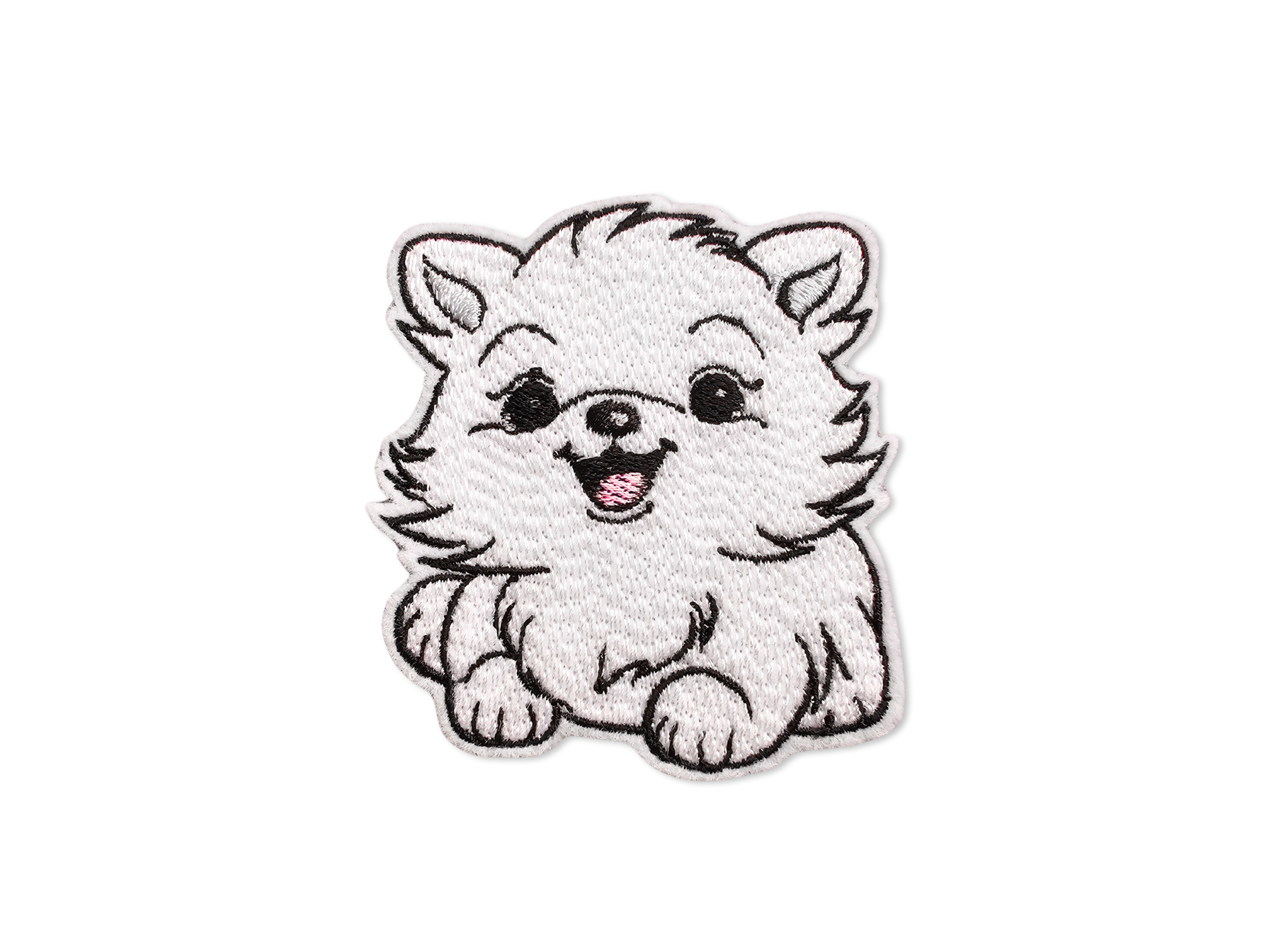 Embroidered white Pomeranian puppy patch with a happy expression and fluffy fur detail on a white background