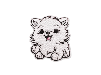 Embroidered white Pomeranian puppy patch with a happy expression and fluffy fur detail on a white background