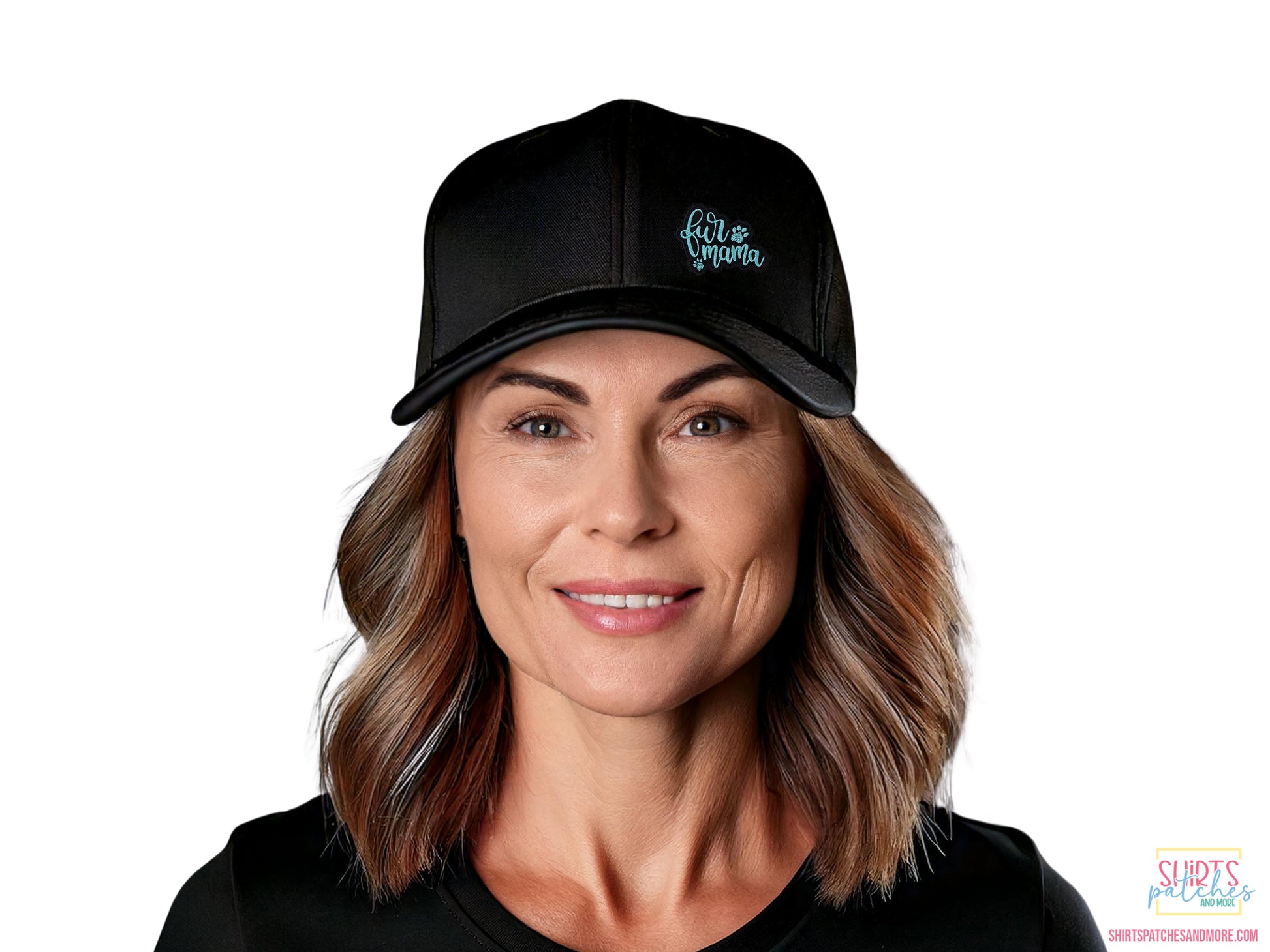 Model wearing a black cap with a custom "Fur Mama" pet lover patch.