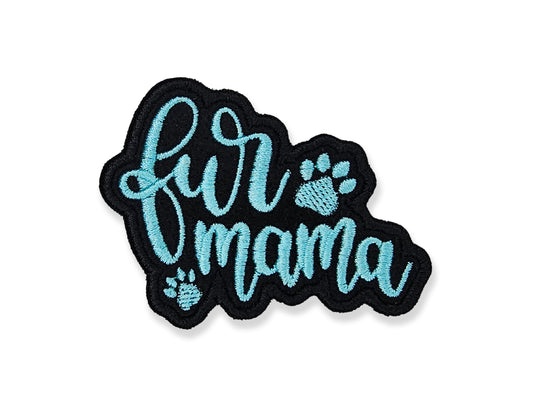 Embroidered patch with 'fur mama' text and paw prints on a white background