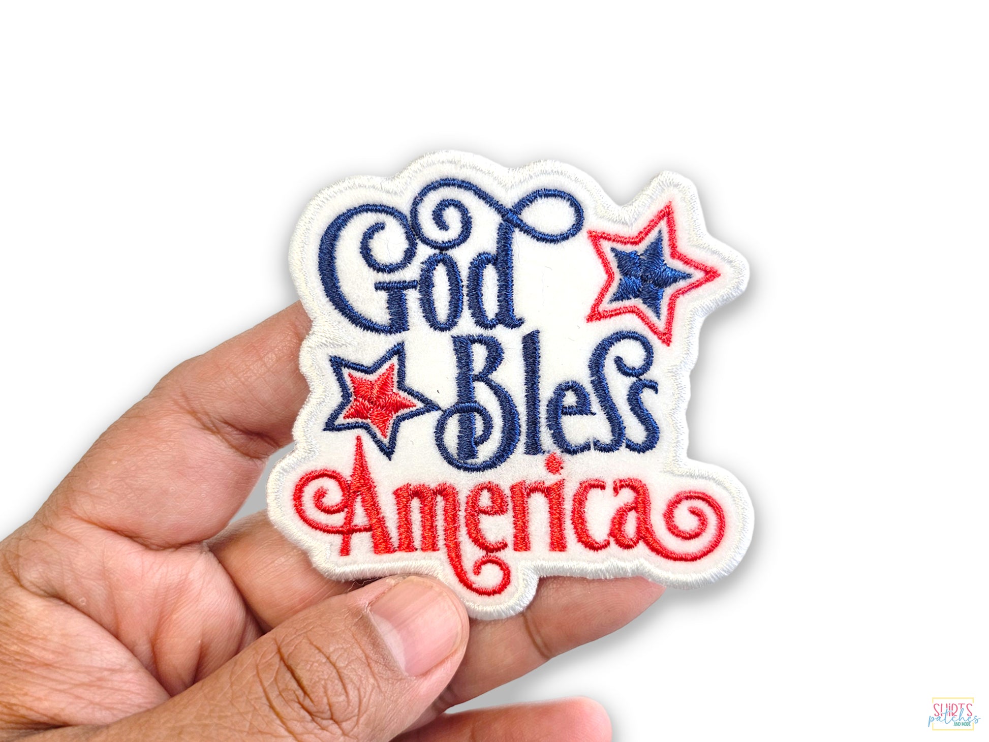 Patriotic "God Bless America" embroidered patch with red, white, and blue stars, perfect for 4th of July or Veterans Day gear.