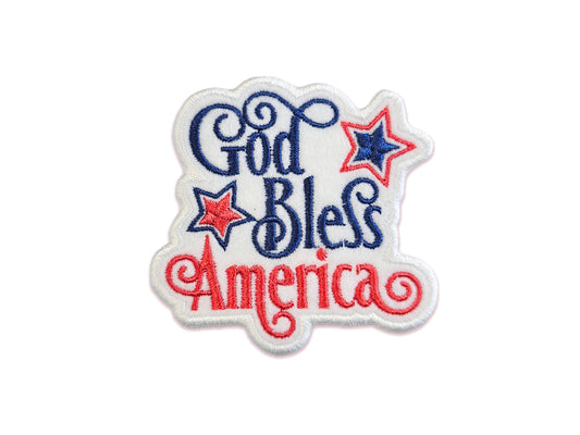 God Bless America patriotic embroidered patch with red and navy blue script and decorative stars on a white background.