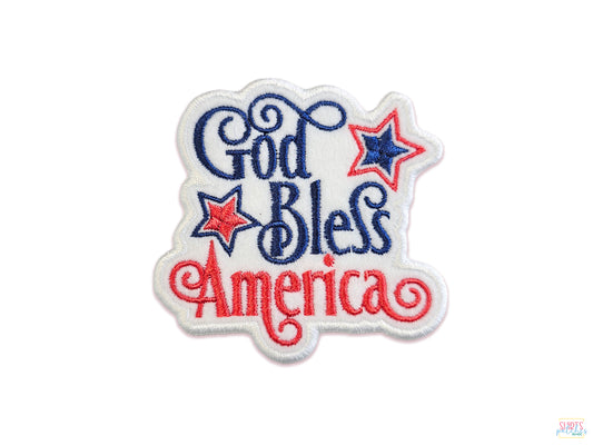 Patriotic "God Bless America" embroidered patch with red, white, and blue stars and navy script on a white background.