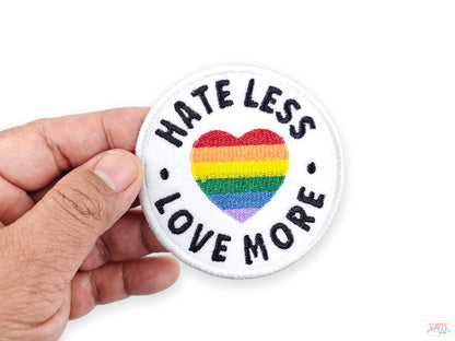 LGBTQ Pride Patch – Hate Less Love More with Rainbow Heart – Embroidered Patch for Backpacks, Jackets, and Celebrating Equality