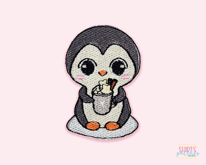 Penguin With Hot Cocoa Patch - Embroidered Iron On Patch For Jackets, Shirts, Hats And More