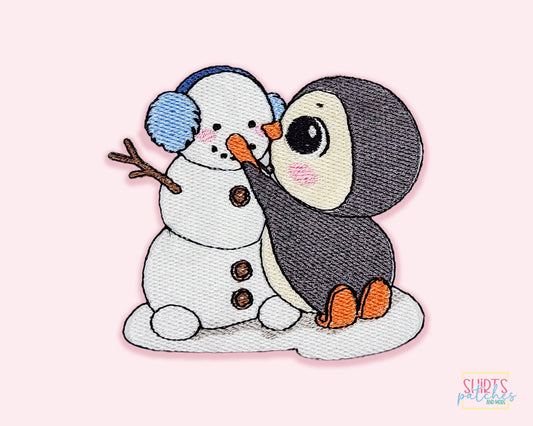 Penguin And Snowman Patch - Embroidered Iron On Patch For Jackets, Shirts, Baseball Caps And More