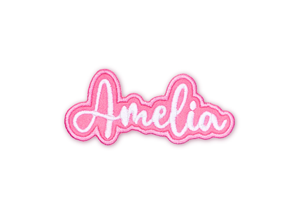 Pink embroidered patch with the name 'Amelia' on a white background
