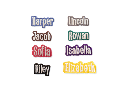 A collection of seven custom embroidered name patches with names like Harper, Lincoln, Jacob, Sofia, Rowan, Isabella, Riley, and Elizabeth, displayed on a white background.