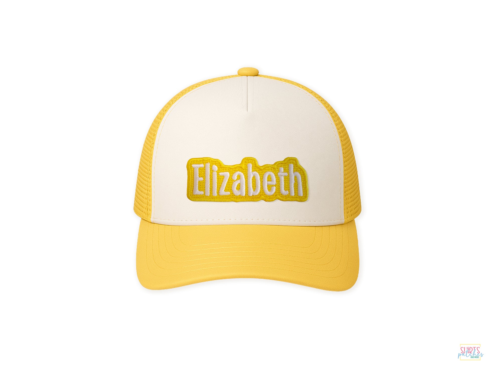 Yellow and white trucker cap mockup with the name 'Elizabeth' embroidered in yellow on a white patch, centered on the front. Custom name patch application example.