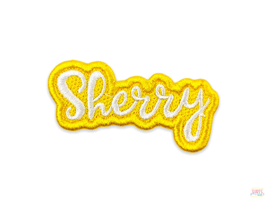 Yellow ‘Sherry’ Custom Embroidered Personalized Name Patch – Ideal for Jackets, Backpacks, Uniforms, Hats, Gifts, and DIY Crafting Projects