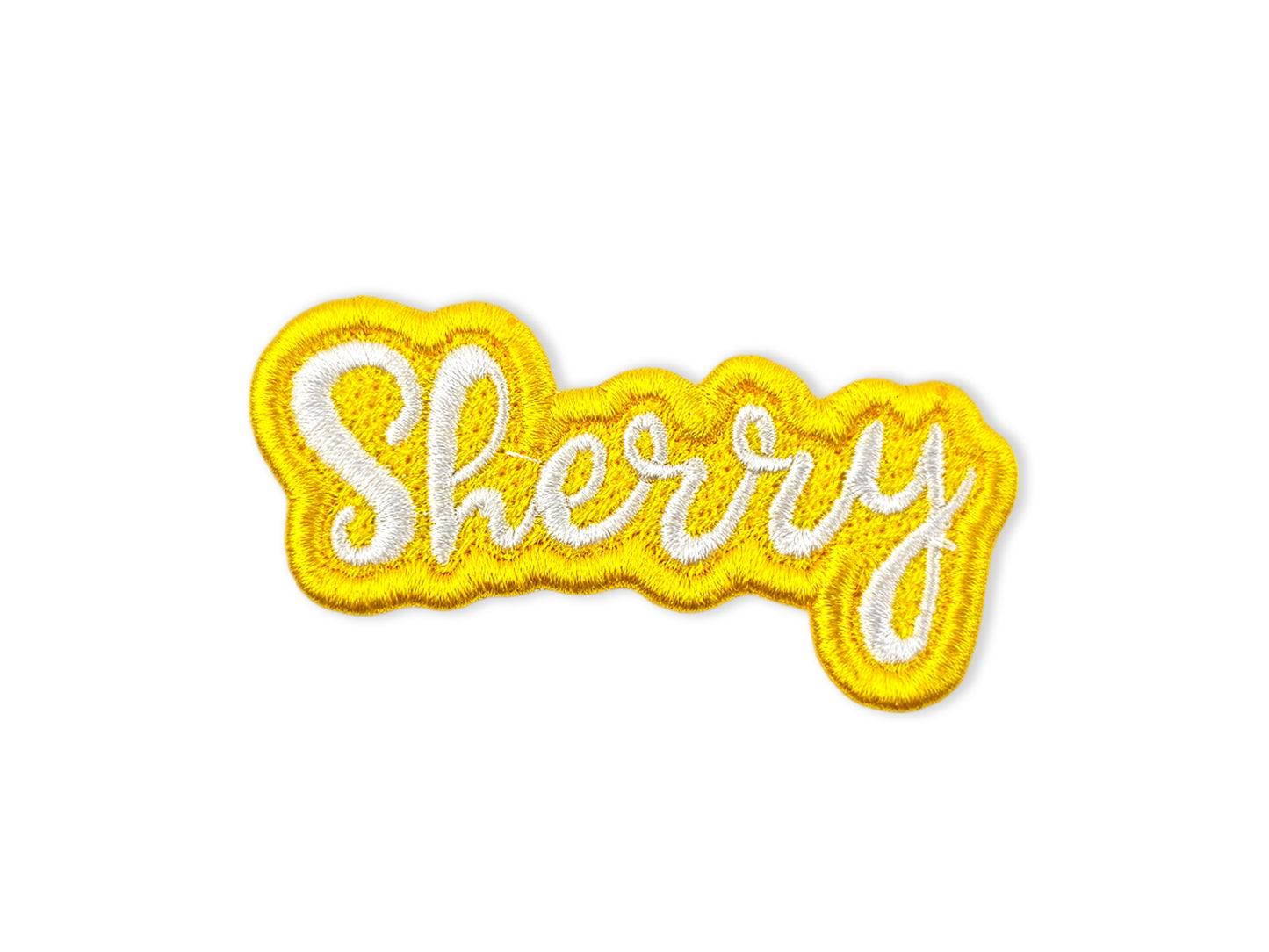 Embroidered name patch with 'Sherry' in script, featuring white lettering and a bright yellow embroidered border on a white background. - Shirts Patches And More