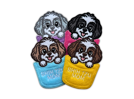 Four embroidered Shih Tzu Mom pocket patches in different dog and pocket colors