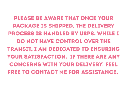 Shipping policy notice for Shirts Patches and More stating that once packages are shipped, the delivery process is handled by USPS and customers should contact the shop for assistance with any transit concerns.