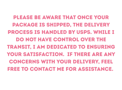 Shipping policy notice for Shirts Patches and More stating that once packages are shipped, the delivery process is handled by USPS and customers should contact the shop for assistance with any transit concerns.