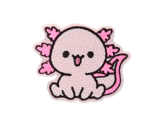 Cute smiling axolotl iron-on patch - pink kawaii salamander embroidery for backpacks and jackets