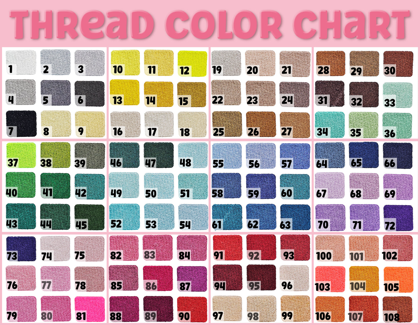 Thread color chart with various color swatches and numbers on a pink background