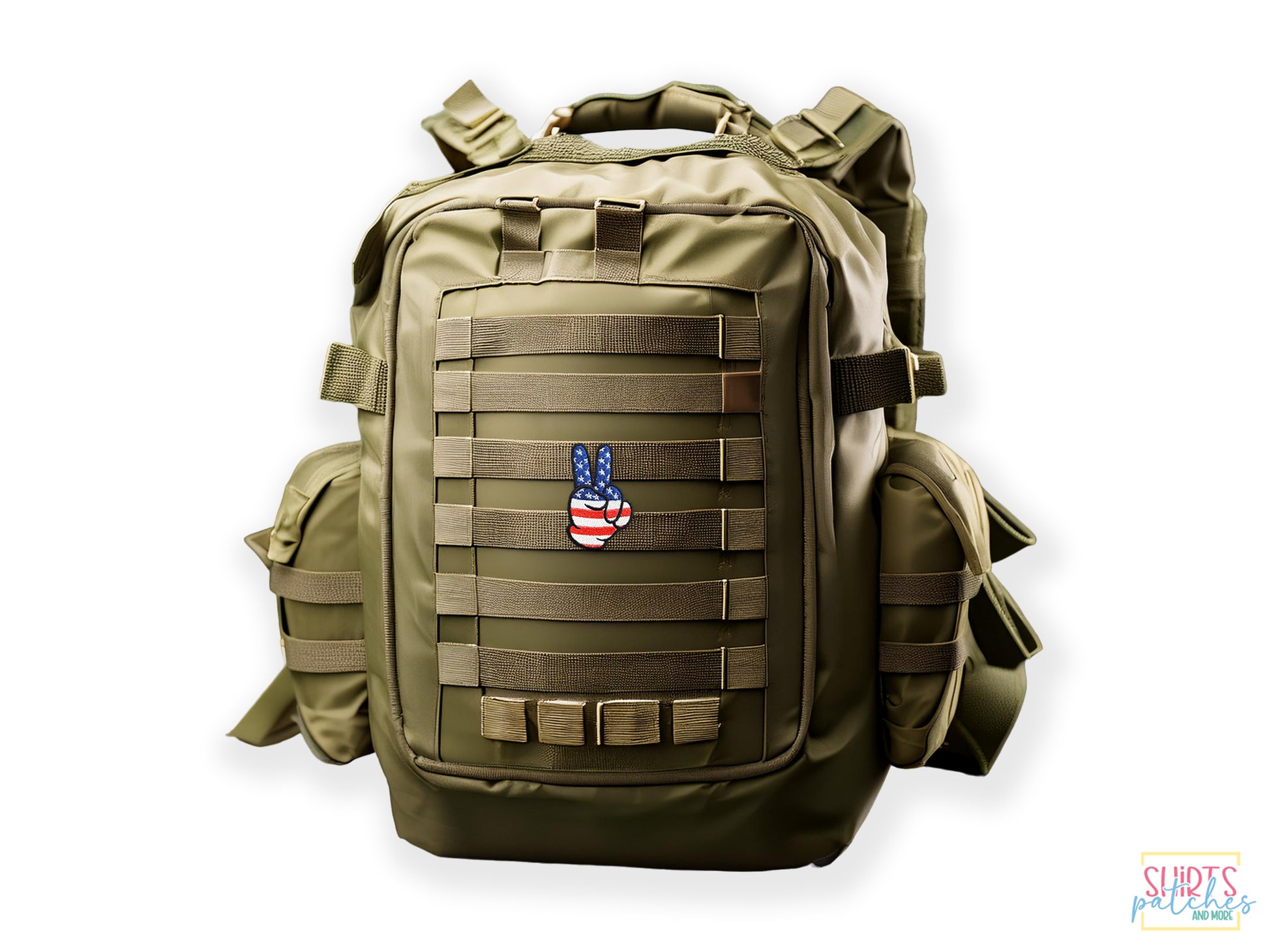 An olive green tactical backpack featuring a hand-embroidered peace sign patch with an American flag stars and stripes design on a white background.