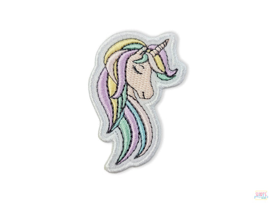 Whimsical Embroidered Unicorn Head Patch. 8 Colorful Backgrounds with Sew-On, Iron-On, Stick-On, or Velcro Backing Options for Versatile Use