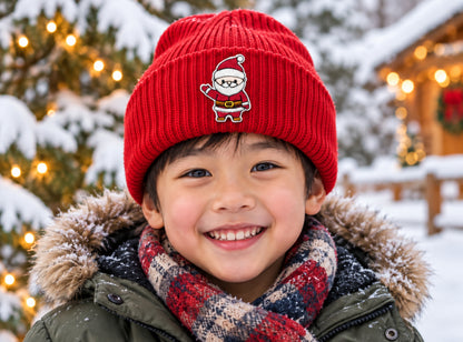 Waving Santa embroidered patch on a beanie