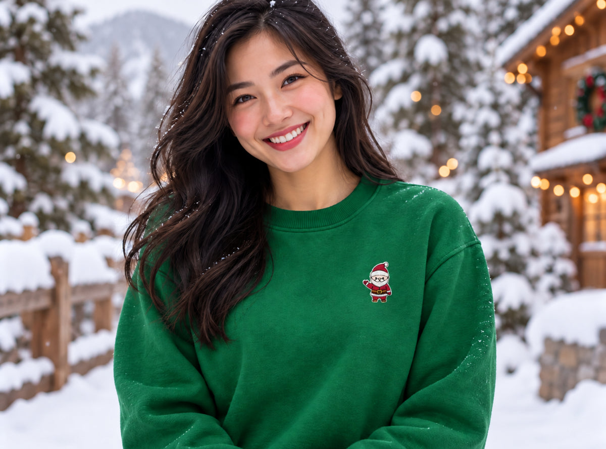 Waving Santa embroidered patch on a Christmas sweatshirt