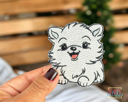 White Fluffy Pomeranian Embroidered Dog Iron-On Patch