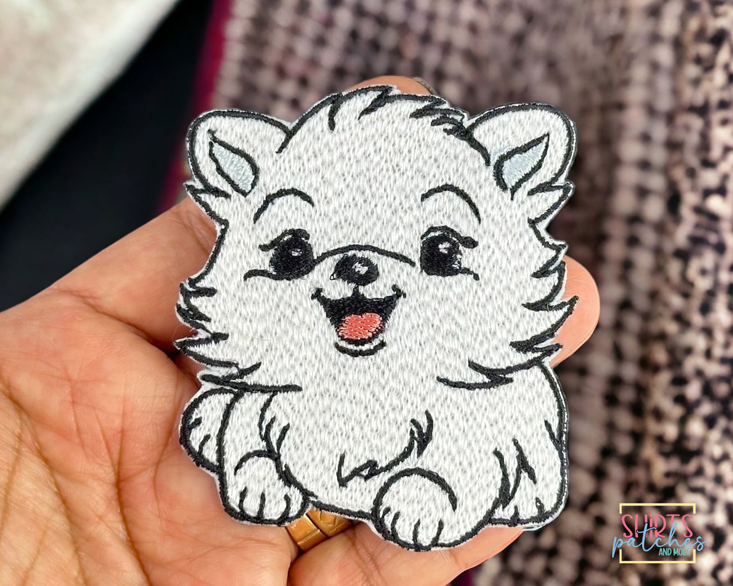 White Fluffy Pomeranian Embroidered Dog Iron-On Patch