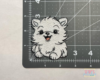 White Fluffy Pomeranian Embroidered Dog Iron-On Patch